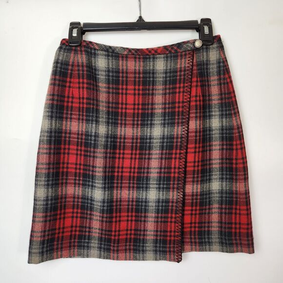 Eddie Bauer Skirt Womens Sz 4 100% Wool Red Plaid Wrap‎ Mini Skirt Christmas - Picture 1 of 11